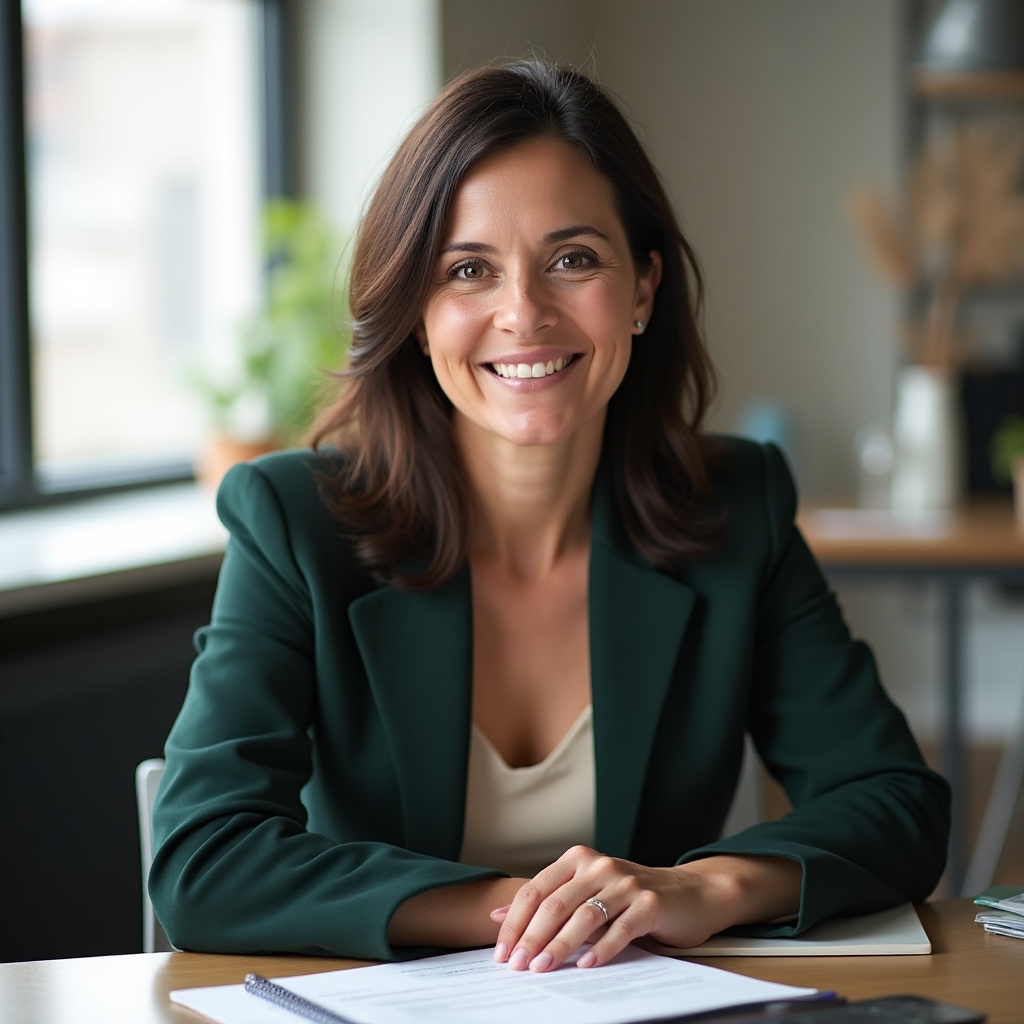 Female workshop facilitator in her early 40s with a warm professional expression, seated at a desk with workshop materials