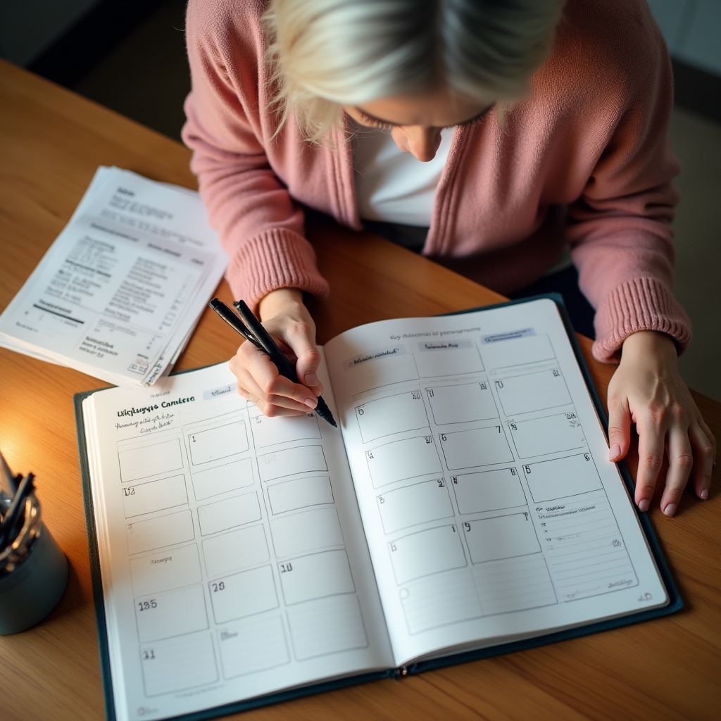 Woman writing in a monthly planning calendar with bills and utility statements visible on the table beside her