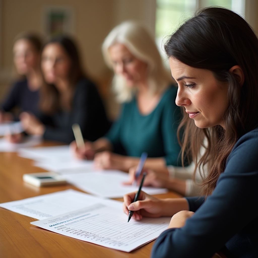 Small group of women sitting around a table with priority lists and budget planning worksheets, engaged in focused discussion