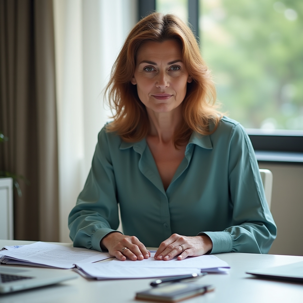 Woman sitting at a desk reviewing financial documents with a calm, focused expression