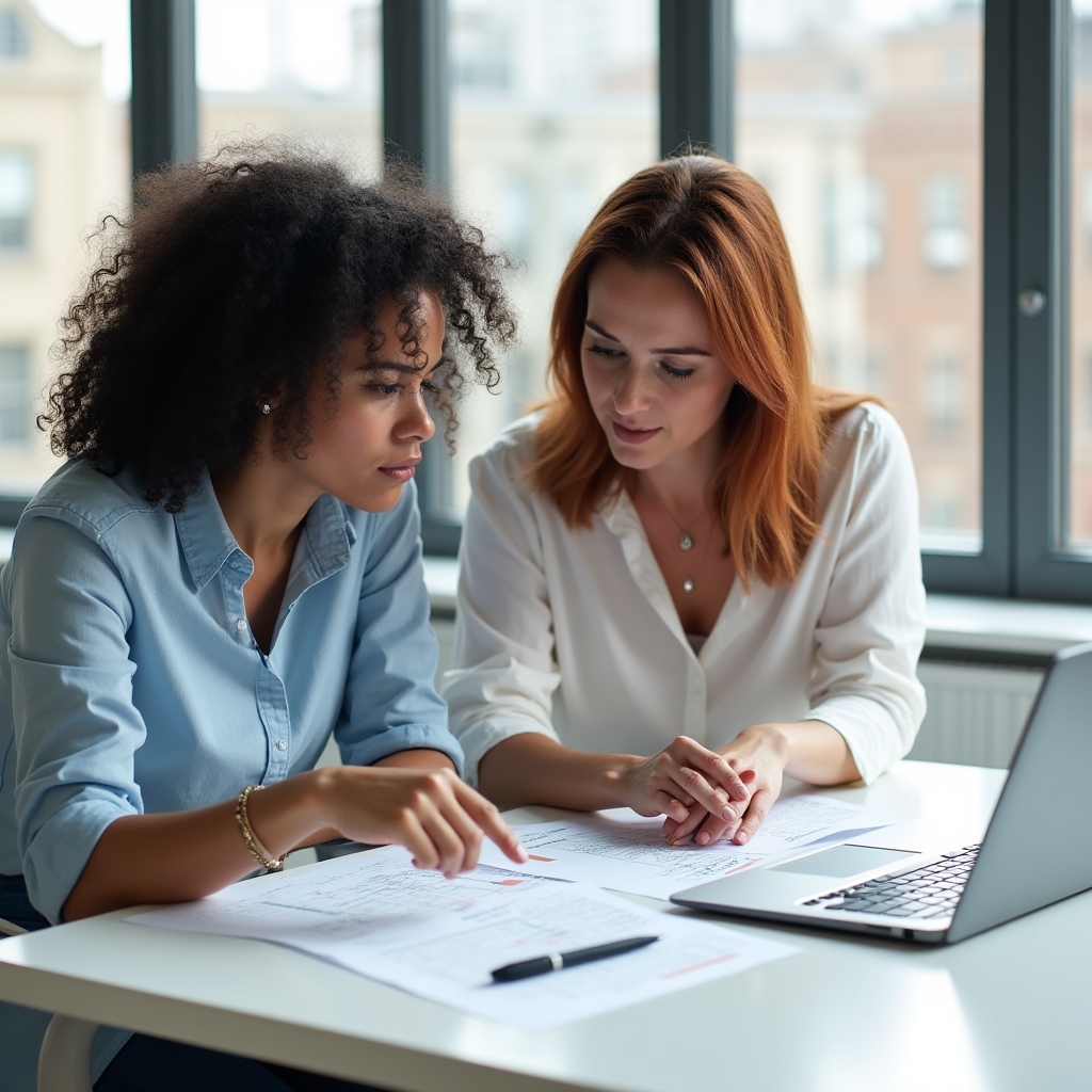Two women in their 30s and 40s reviewing workshop planning documents together at a bright office table