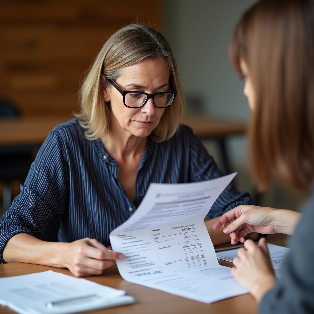 Woman carefully reading through financial documents and a bank statement at a workshop table